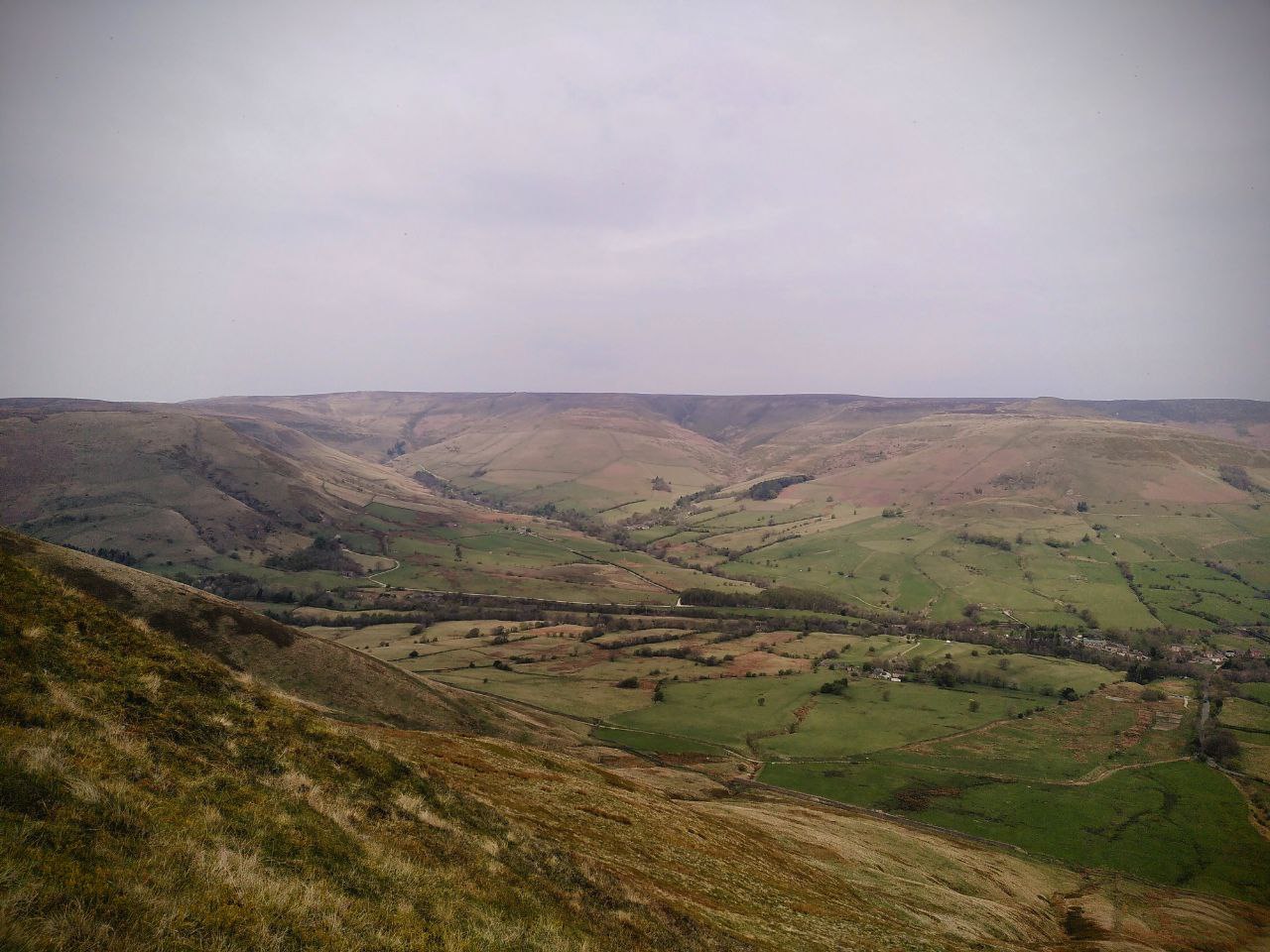 A wide-angle view looking North-West across the head of Edale valley in the Peak District