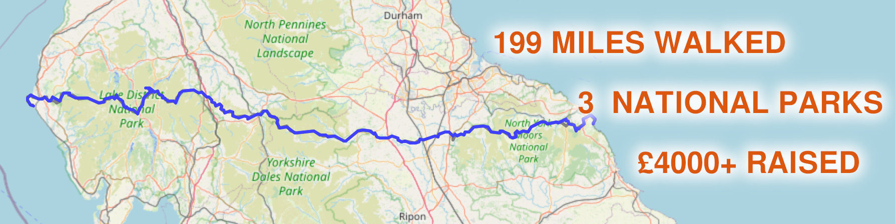 Map showing route with text: 199 miles walked, 3 national parks, £4000+ raised